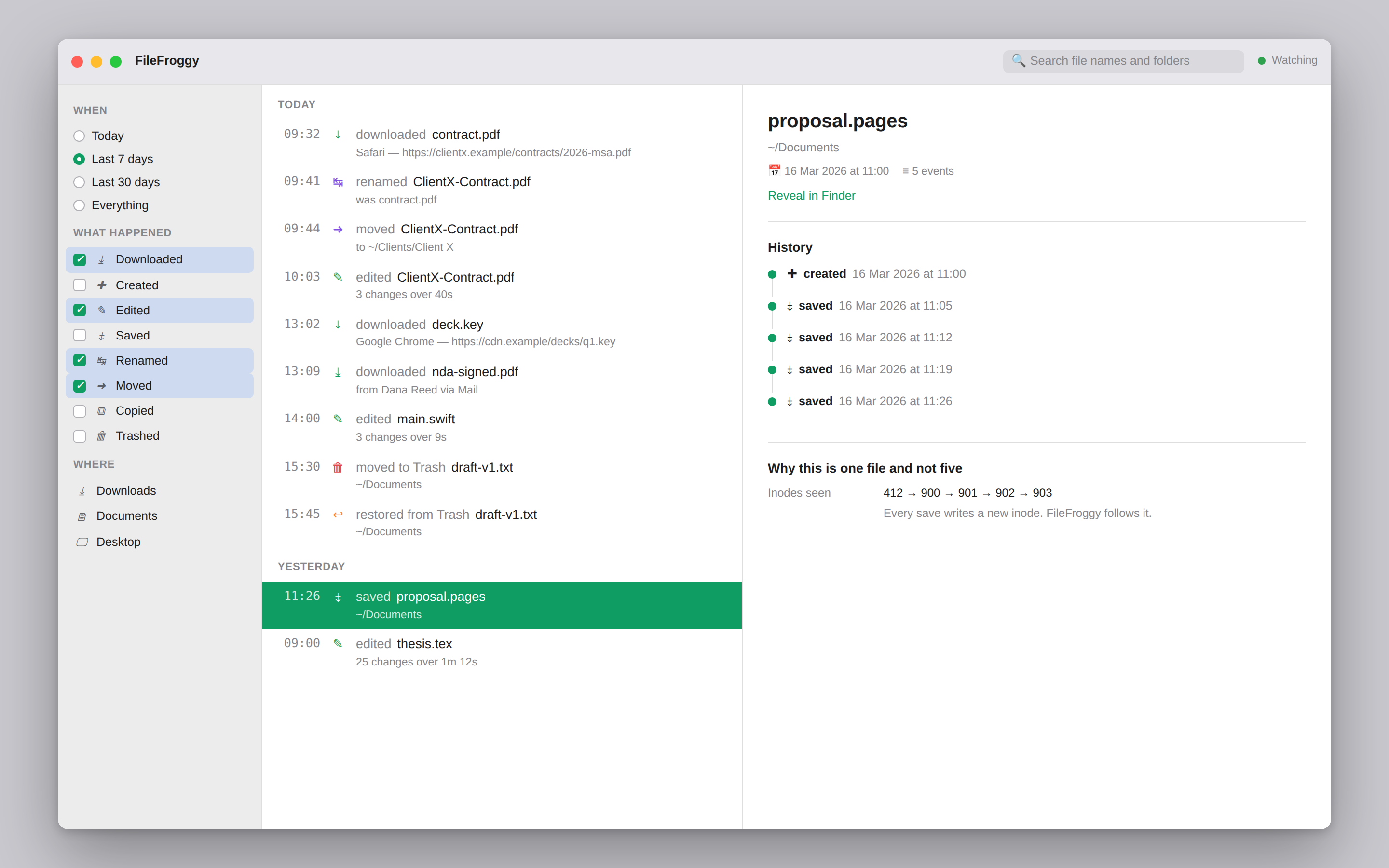 A document's history in FileFroggy showing four saves tracked across five different inodes, still recognised as one file.